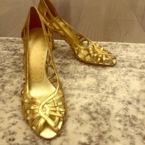 *Vintage* Leather, Gold BCBG Cage Heels Size 8